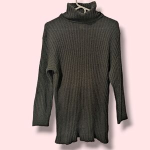 Linda Lundstrom Vintage Black Textured Ribbed Wool Longline Turtleneck Sweater L